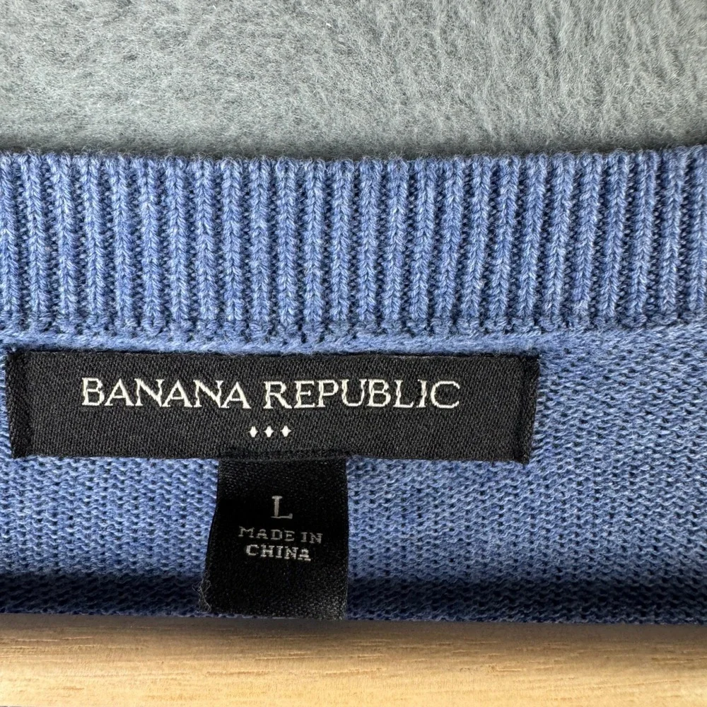 Banana Republic Mens Blue Argyle 100% Cotton V-Neck Sweater Large Long Sleeve